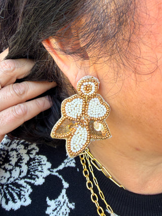 Seed Bead & Sequin Flower Earrings Ivory