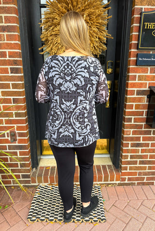 Tango Mango Women's Damask Print Long Sleeve Blouse