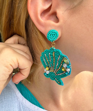 Teal Beaded Sea Shell Dangle Earrings