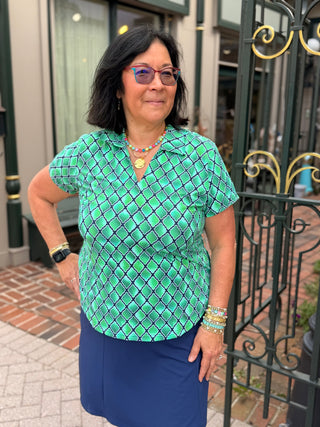 Beachtime by Lulu B Green Window Pane Short Sleeve Collar Top
