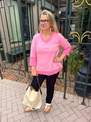 Lulu B Bright Hot Pink Stripe Trim Button Back V-Neck Top