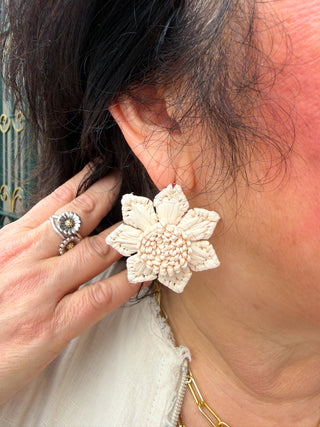 Wrapped Raffia Flower Earrings Ivory