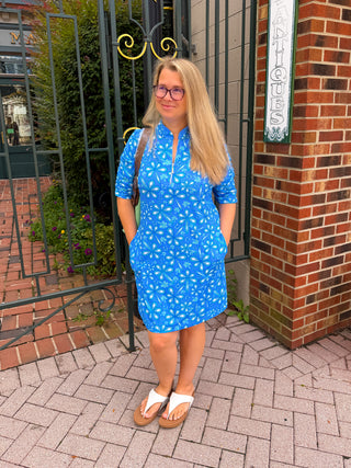 Beachtime by Lulu B Periwinkle Flower Power Short Sleeve Quarter Zip Pocket Dress