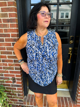 Lulu B Navy and Sand Vine Sleeveless Keyhole Top