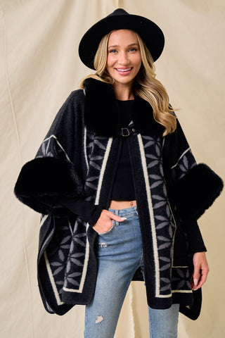 Black Flower Faux Fur Wrap