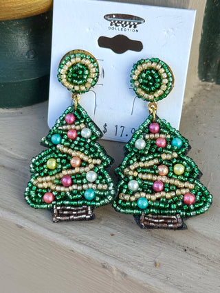 Green Beaded Christmas Tree Earring