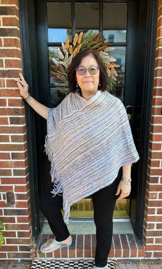 CHEVELA OMBRE STRIPE PONCHO WITH FRINGE BLUE AND PINK