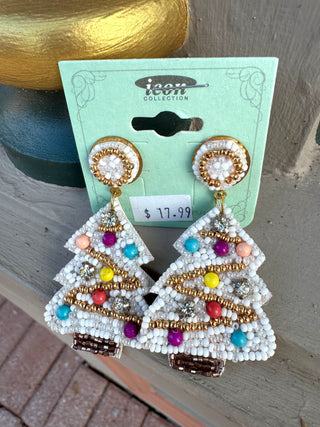 White Beaded Christmas Tree Earring