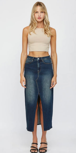 Mica Dark Wash High Waist Midi Skirt
