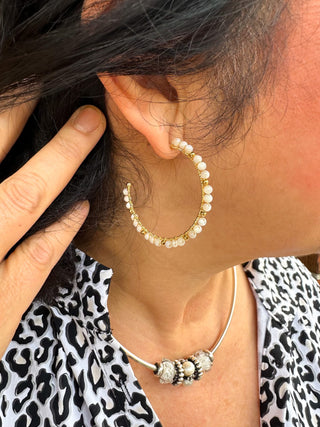 Gold and White Beaded Hoop Earring