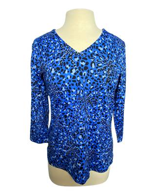 Lulu B Blue Leopard V-Neck 3/4 Sleeve Top