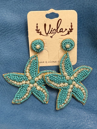 Blue Beaded Starfish Earrings