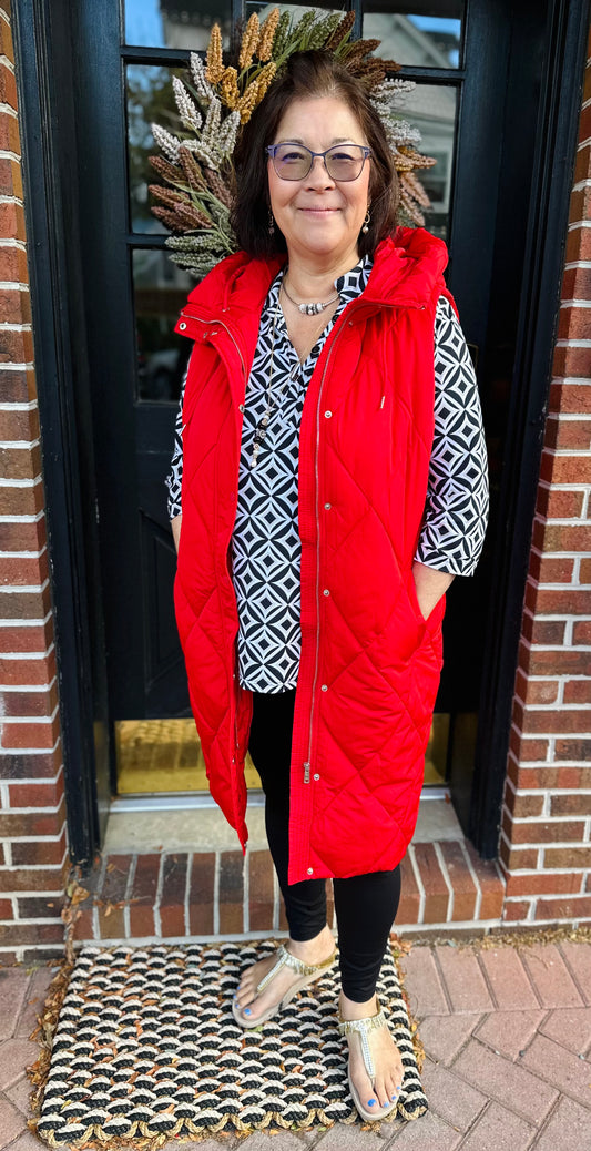 Red Long Puffer Vest with Hood