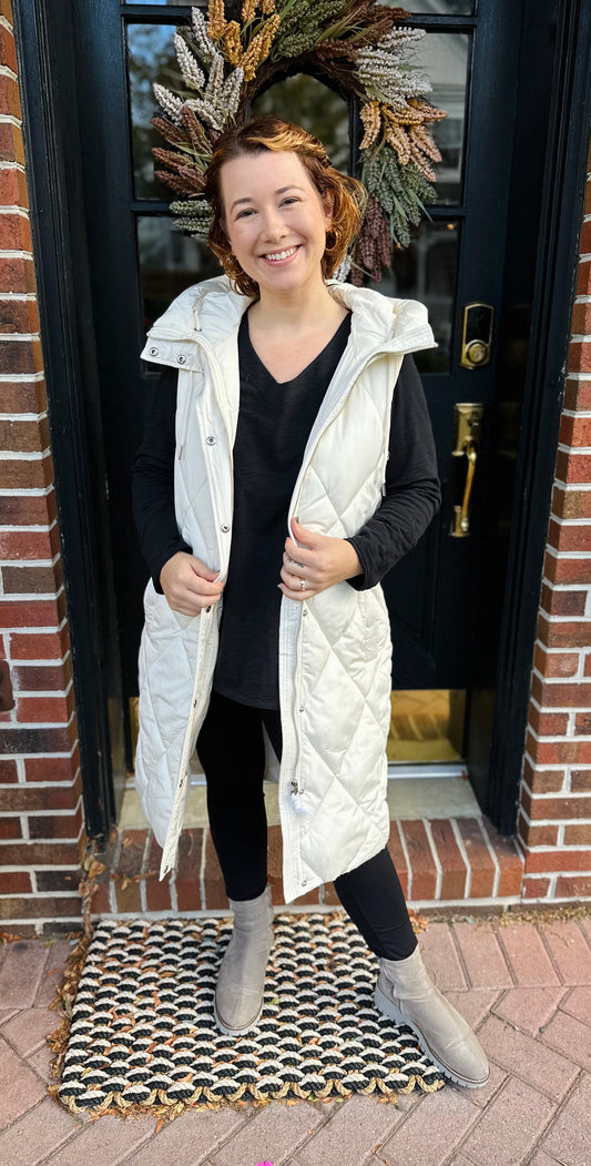Cream Long Puffer Vest with Hood