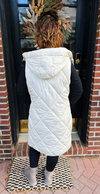 Cream Long Puffer Vest with Hood