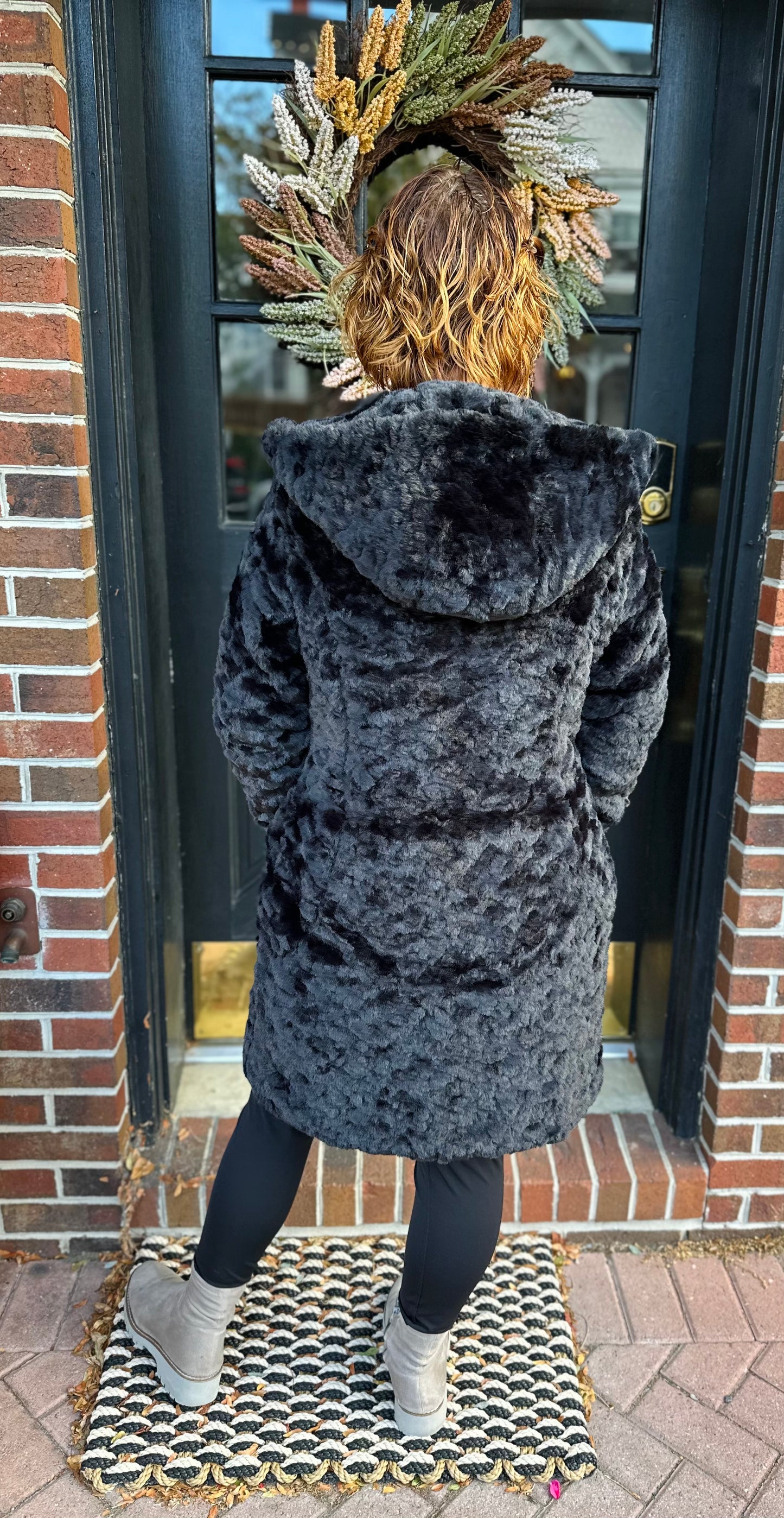 Black Faux Fur Long Coat with Hoodie
