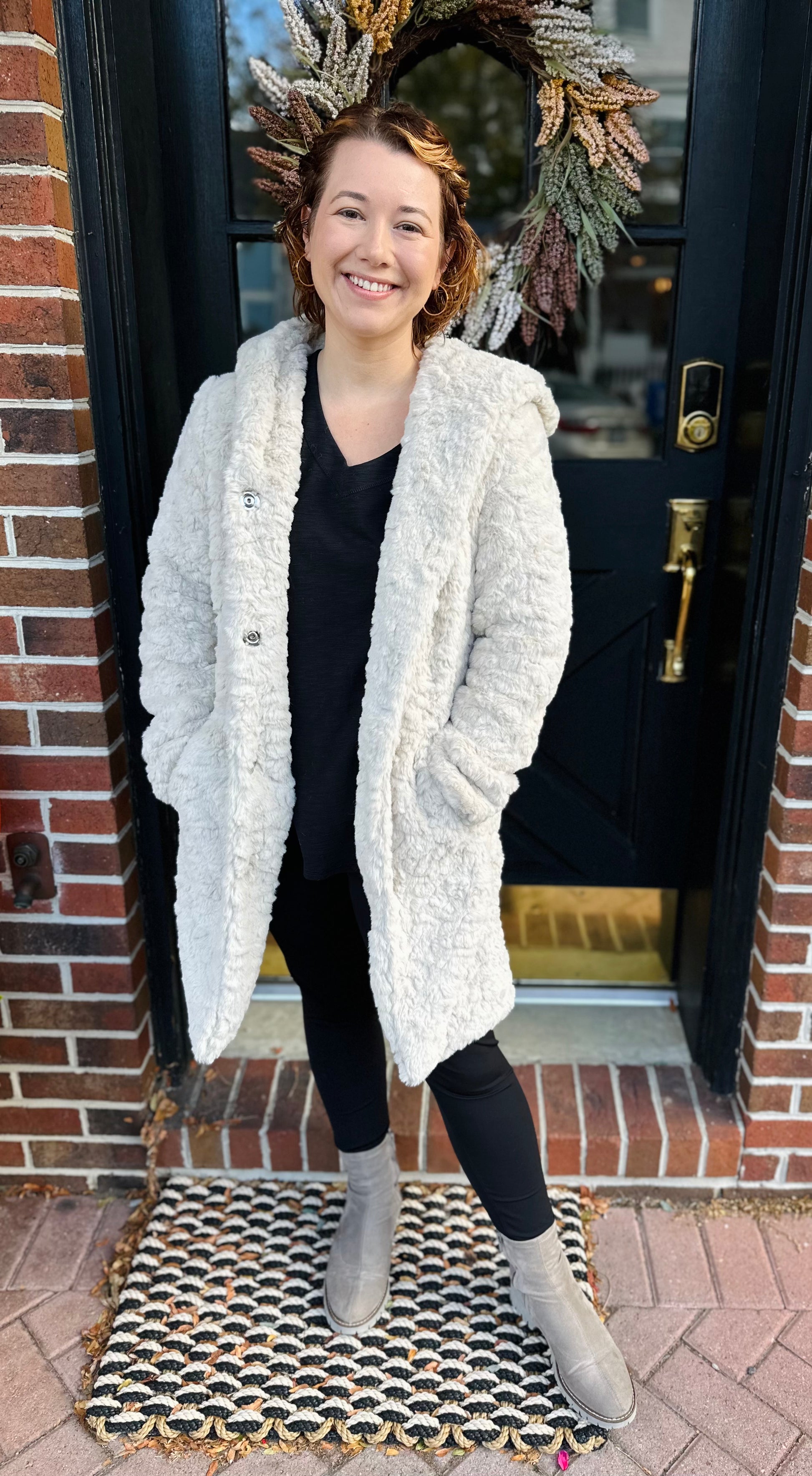 Cream Faux Fur Long Coat with Hoodie