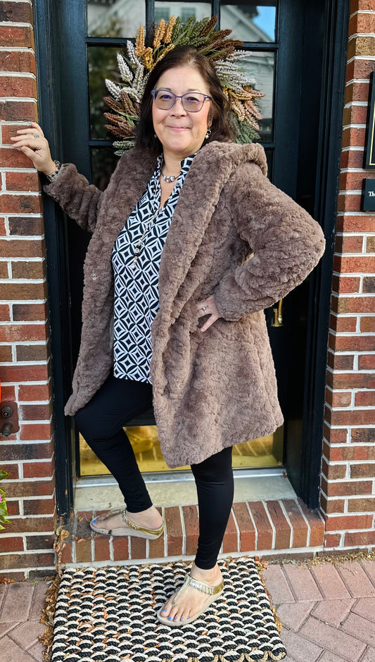 Taupe Faux Fur Long Coat with Hoodie