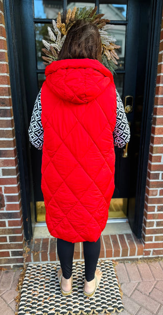 Red Long Puffer Vest with Hood