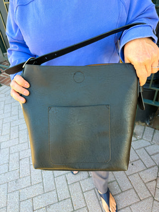 Joy Susan Black Handle Rich Faux Suede Handbag