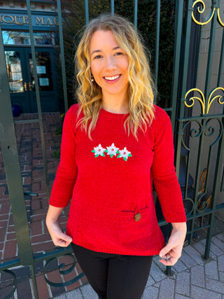 Lulu B Crimson Poinsettia Chenille Sweater