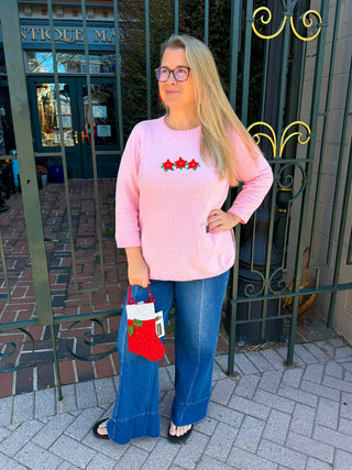Lulu B Seaglass Pink Poinsettia Chenille Sweater
