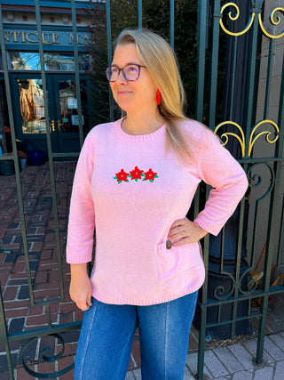 Lulu B Seaglass Pink Poinsettia Chenille Sweater