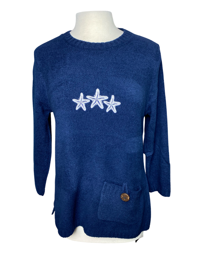 Lulu B Navy Chenille Starfish Embroidered Sweater – Blooming Boutique