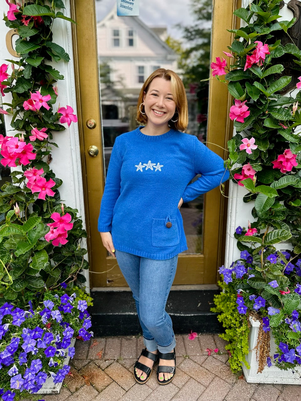 Lulu B Royal Chenille Starfish Embroidered Sweater – Blooming Boutique