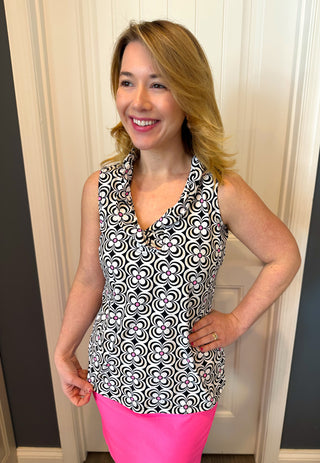 Lulu B Black and Pink Flower Ruffle V-Neck Tank