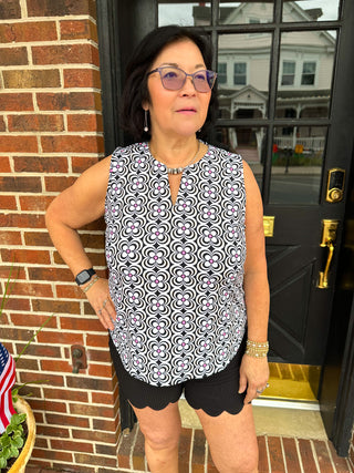 Lulu B Black and Pink Flower Sleeveless Keyhole Top