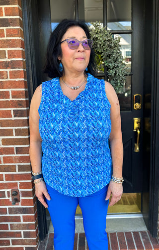 Lulu B Blue Chevron Ruffle V-Neck Tank