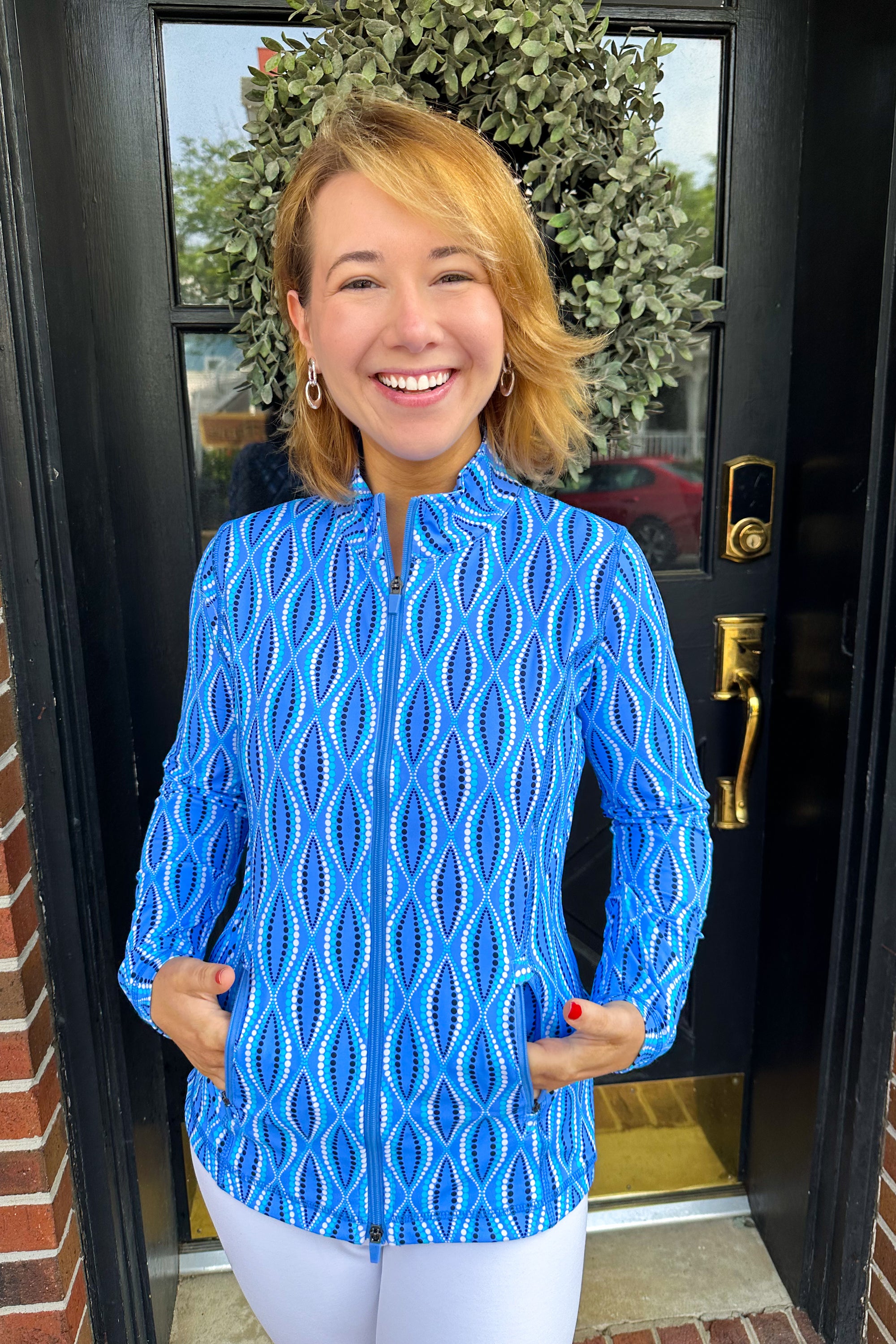 Lulu B Blue Dots Zip Jacket – Blooming Boutique