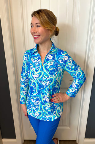 Lulu B Blue Hearts Long Sleeve Collar Top