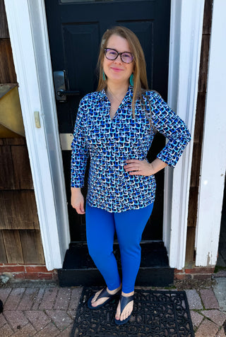 Lulu B Blue Maze Long Sleeve Collar Top