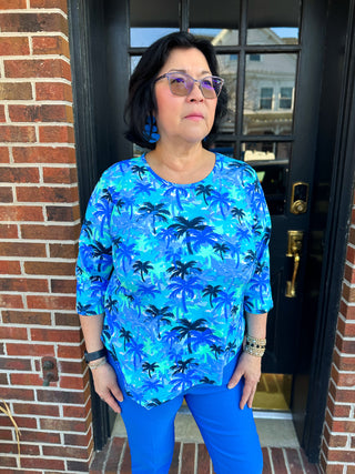 Lulu B Blue Palm Tree Asymmetrical Scoop Neck Top