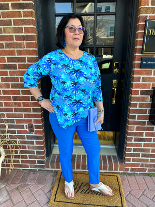 Lulu B Blue Palm Tree Asymmetrical Scoop Neck Top