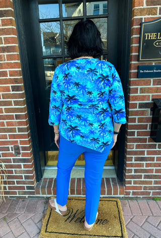 Lulu B Blue Palm Tree Asymmetrical Scoop Neck Top