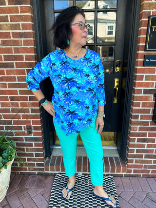 Lulu B Blue Palm Tree Asymmetrical Scoop Neck Top