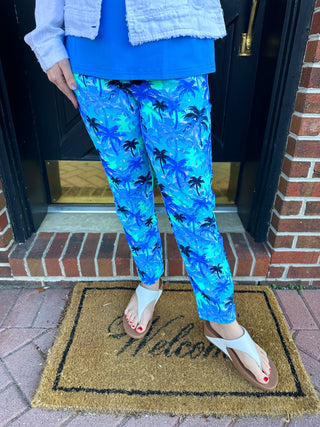 Lulu B Blue Palm Tree Secret Pocket Capri Legging
