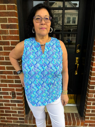 Lulu B Blue Snake Sleeveless Keyhole Top