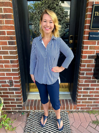 Lulu B Button Down Collar Top Navy Stripe