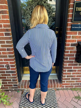 Lulu B Button Down Collar Top Navy Stripe Back