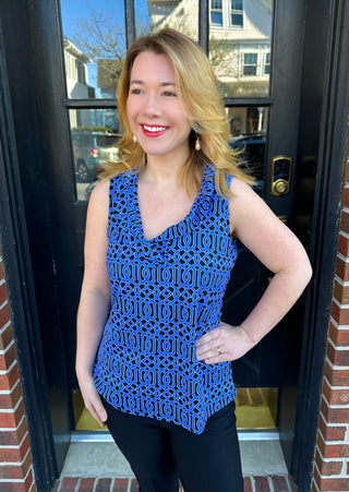 Lulu B Geometric Sapphire Ruffle V-Neck Tank