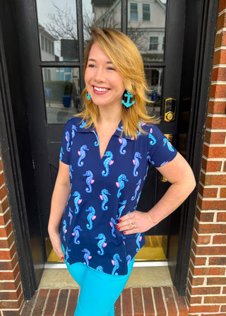 Lulu B Navy Seahorse Short Sleeve Collar Top