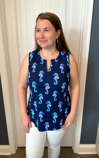 Lulu B Navy Seahorse Sleeveless Keyhole Top