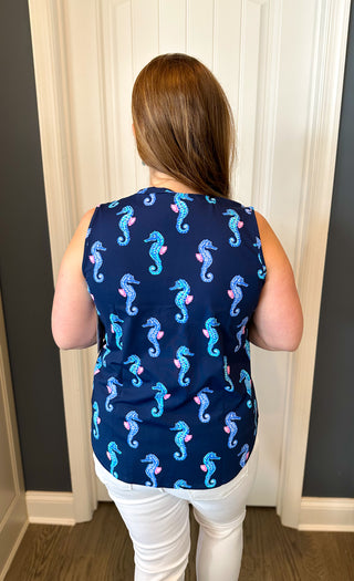Lulu B Navy Seahorse Sleeveless Keyhole Top