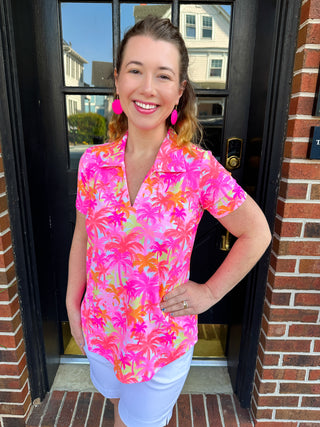 Lulu B Pink Palm Tree Short Sleeve Collar Top