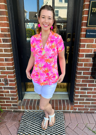 Lulu B Pink Palm Tree Short Sleeve Collar Top