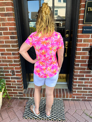 Lulu B Pink Palm Tree Short Sleeve Collar Top
